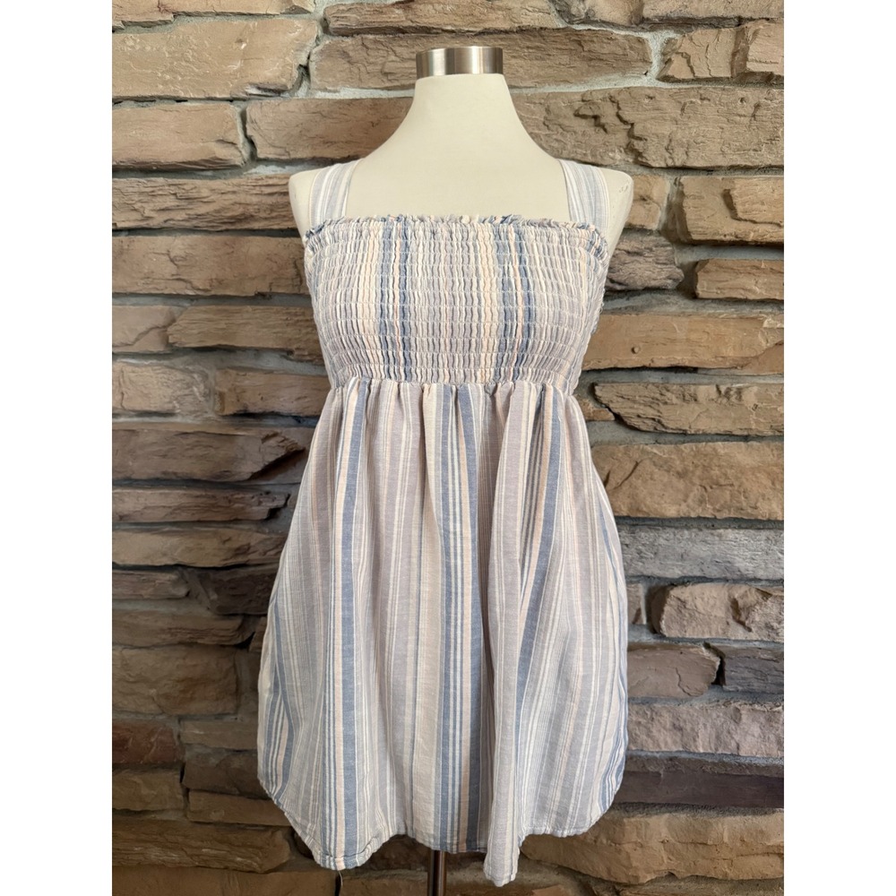 American Eagle Striped Cotton Linen Smocked Dress Blue Peach XS Pockets